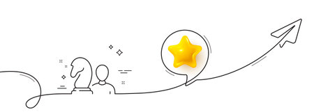 Chess line icon. Continuous line with share plane. Business strategy sign. Tactic board game symbol. 3d star in speech bubble. Chess single line ribbon. Loop curve pattern. Vectorのイラスト素材