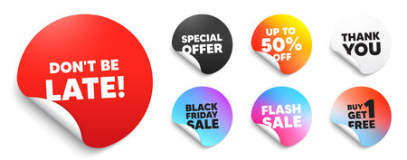 Dont be late red sticker tag. Special offer paper price tags. Dont be late tag. Special offer price...