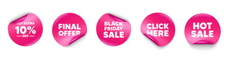 Extra discount sticker tag. Click here, Black friday paper price banners. Get Extra 10 percent off sale. Discount offer price sign. Special offer symbol. Save 10 percentages. Hot sale sticker. Vectorのイラスト素材