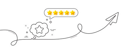 Loyalty star line icon. Continuous line with share plane. Bonus points. Discount program symbol. Five star rate review in speech bubble. Loyalty star single line ribbon. Loop curve pattern. Vectorのイラスト素材