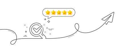 Chemistry lab line icon. Continuous line with share plane. Laboratory research sign. Analysis symbol. Five star rate review in speech bubble. Chemistry lab single line ribbon. Vectorのイラスト素材