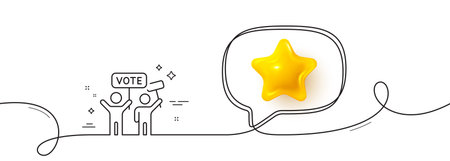 Voting campaign line icon. Continuous line with 3d star. People rally with signs. Public election symbol. 3d star in speech bubble. Voting campaign single line ribbon. Loop curve pattern. Vectorのイラスト素材