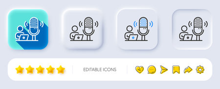 Podcast line icon. Neumorphic, Flat shadow, 3d buttons. Studio mic sign. Voice record microphone symbol. Line podcast icon. Social media icons. Vectorのイラスト素材