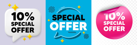 Discount speech bubble. 3d sparkles chat, Paper sticker. 10 percent discount offer tag. Sale price...