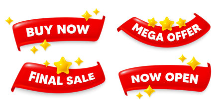 Buy now flag ribbon. Mega discount, Final sale, Now open. Buy Now tag. Special offer price sign. Advertising Discounts symbol. Red flag ribbon banners. Promo offer tags. Vectorのイラスト素材