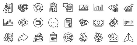 Post package, Sales diagram and Demand curve line icons pack. Share, Message, Paper plane icons. Column diagram, Inflation, Payment web icon. Wallet, Hot loan, World money pictogram. Vectorのイラスト素材