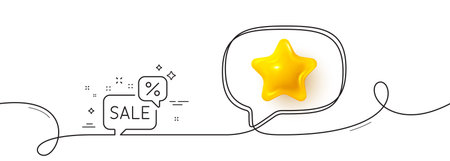 Discounts chat bubble line icon. Continuous line with 3d star. Sale offer sign. Promotion price symbol. 3d star in speech bubble. Discounts bubble single line ribbon. Loop curve pattern. Vectorのイラスト素材