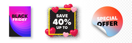 Discount photo frame 3d hearts. Special offer sticker banner. Save up to 40 percent. Discount Sale offer price sign. Special offer symbol. Black friday poster. Promo background. Vectorのイラスト素材
