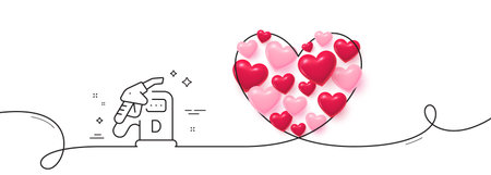 Diesel station line icon. Continuous line big heart. Filling station sign. DD fuel symbol. 3d hearts in heart shaped loop. Diesel station single line ribbon. Loop curve pattern. Vectorのイラスト素材