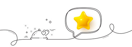 Romantic dinner line icon. Continuous line with 3d star. Valentines day restaurant food sign. Couple relationships symbol. 3d star in speech bubble. Romantic dinner single line ribbon. Vectorのイラスト素材