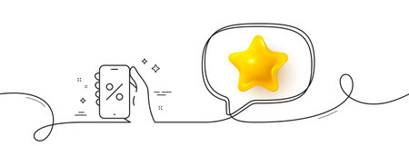 Discounts app line icon. Continuous line with 3d star. Sale offer sign. Phone promotion price symbol. 3d star in speech bubble. Discounts app single line ribbon. Loop curve pattern. Vectorのイラスト素材