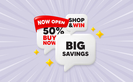Big savings speech bubbles. Now open flag ribbon. Big savings tag. Special offer price sign....