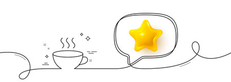 Coffee cup line icon. Continuous line with 3d star. Hot cappuccino sign. Tea drink mug symbol. 3d star in speech bubble. Coffee cup single line ribbon. Loop curve pattern. Vectorのイラスト素材