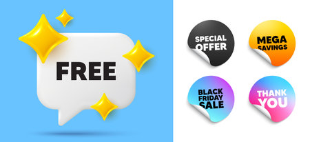 Free speech bubble, sticker tags. Offer, Black friday stickers. Free tag. Special offer sign. Sale promotion symbol. Thank you tag. 3d sparkle chat bubble. Vectorのイラスト素材
