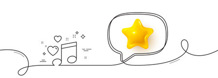 Love music line icon. Continuous line with 3d star. Romantic musical note sign. Couple relationships symbol. 3d star in speech bubble. Love music single line ribbon. Loop curve pattern. Vectorのイラスト素材