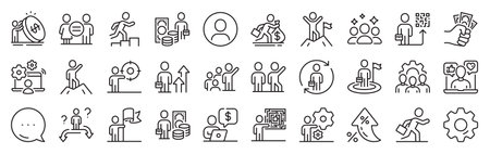 Business people line icons. Settings gear, Message, Inflation icons. Leadership flag, person skill and maze labyrinth set. Goal flag, management strategy and human skill line icons. Vectorのイラスト素材