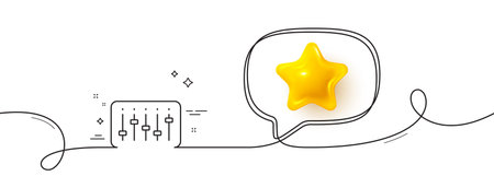 DJ controller line icon. Continuous line with 3d star. Music sound sign. Musical device symbol. 3d star in speech bubble. DJ controller single line ribbon. Loop curve pattern. Vectorのイラスト素材