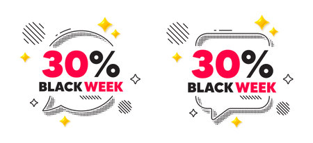 Black week chat speech bubble. Social media concept. Black week 30 percent sale. Special discount sign. Black friday offer symbol. 3d flare stars chat bubble. Vectorのイラスト素材