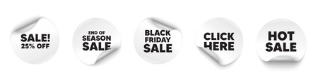 Sale sticker tag. Season sale, Black friday paper price banners. Sale 25 percent off discount. Promotion price offer sign. Retail badge symbol. Click here sticker. Vectorのイラスト素材