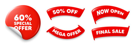 Discount sticker, Sale offer ribbons. Now open, Mega discount. 60 percent discount offer tag. Sale price promo sign. Special offer symbol. Red sticker tag. Flag ribbon banners. Vectorのイラスト素材