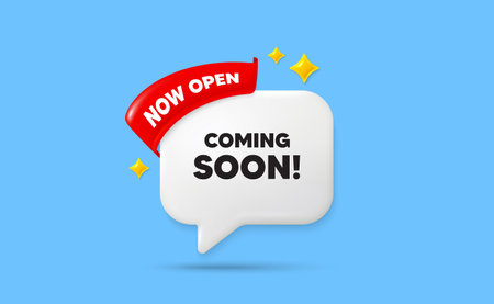 Coming soon ribbon speech bubble. Now open flag ribbon. Coming soon tag. Promotion banner sign. New...