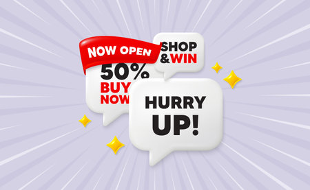 Hurry up sale speech bubbles. Now open flag ribbon. Hurry up sale tag. Special offer sign. Advertising discounts symbol. Discount chat bubbles with 3d sparkles. Vectorのイラスト素材