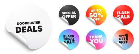 Doorbuster deals sticker tag. Special offer paper price tags. Doorbuster deals tag. Special offer price sign. Advertising discounts symbol. Discount, black friday sticker. Promo banner. Vectorのイラスト素材