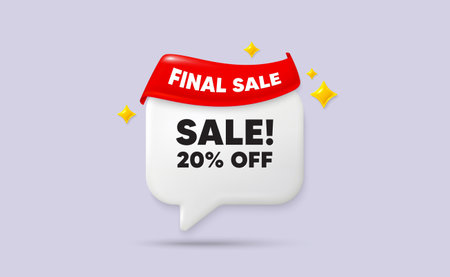 Sale chat speech bubble. Final sale flag ribbon. Sale 20 percent off discount. Promotion price offer sign. Retail badge symbol. 3d sparkle stars speech bubble. Vectorのイラスト素材