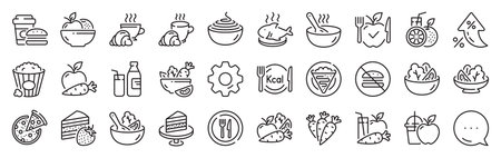 Meal line icons. Settings gear, Message, Inflation icons. Vegatable dish, poke bowl food and healthy salad set. Pizza, pasta spaghetti bowl and burger line icons. Vectorのイラスト素材