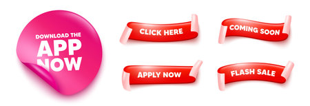 Download app sticker, offer ribbons. Apply now, Flash sale. Download the app now. Web application sign. Get program software symbol. Pink sticker tag. Flag ribbon banners. Vectorのイラスト素材