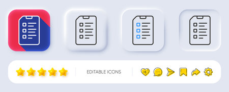 Checklist Document line icon. Neumorphic, Flat shadow, 3d buttons. Information File sign. Paper page concept symbol. Line checklist icon. Social media icons. Vectorのイラスト素材