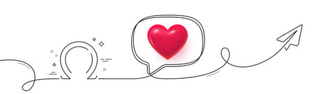 Omega line icon. Continuous line with share plane. Last Greek letter sign. Ohm electrical resistance symbol. 3d heart in speech bubble. Omega single line ribbon. Loop curve pattern. Vectorのイラスト素材