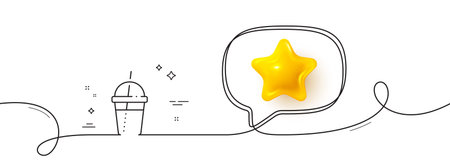 Coffee cocktail line icon. Continuous line with 3d star. Hot latte, milkshake sign. Tea drink mug...
