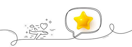Honeymoon travel line icon. Continuous line with 3d star. Love trip sign. Valentines day flight...