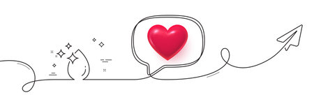 Water drop line icon. Continuous line with share plane. Clean crystal aqua sign. Liquid symbol. 3d heart in speech bubble. Water drop single line ribbon. Loop curve pattern. Vectorのイラスト素材