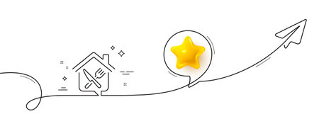 Food delivery line icon. Continuous line with share plane. Meal order at home sign. House food deliver symbol. 3d star in speech bubble. Food delivery single line ribbon. Loop curve pattern. Vectorのイラスト素材