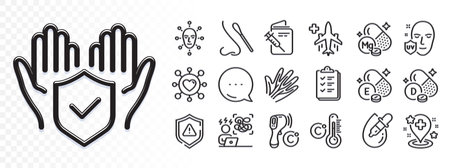 Face biometrics, Vitamin d and Dating line icons for web app. Glare of light effect. Message icon. Pack of Celsius thermometer, Uv protection, Medical flight pictogram icons. Vectorのイラスト素材