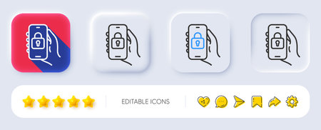 Locked app line icon. Neumorphic, Flat shadow, 3d buttons. Hand hold phone sign. Cellphone with screen notification symbol. Line locked app icon. Social media icons. Vectorのイラスト素材