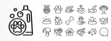 Dog paw, Fish and Dog leash line icons for web app. Glare of light effect. Message icon. Pack of Pet shelter, Elephant on ball, Fish school pictogram icons. Vectorのイラスト素材