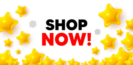 Shop now winner banner with 3d stars. Golden stars banner. Shop now tag. Special offer sign. Retail Advertising symbol. Review rate background. Vectorのイラスト素材