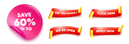 Discount sticker, offer ribbons. Apply now, Did you know. Save up to 60 percent. Discount Sale offer price sign. Special offer symbol. Pink sticker tag. Flag ribbon banners. Vectorのイラスト素材