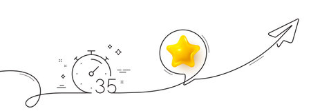 Timer 35 minutes line icon. Continuous line with share plane. Stopwatch time sign. Countdown clock symbol. 3d star in speech bubble. Timer single line ribbon. Loop curve pattern. Vectorのイラスト素材