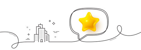 Skyscraper buildings line icon. Continuous line with 3d star. City architecture sign. Town symbol. 3d star in speech bubble. Skyscraper buildings single line ribbon. Loop curve pattern. Vectorのイラスト素材