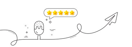 Ice cream on stick line icon. Continuous line with share plane. Vanilla sundae sign. Frozen summer dessert symbol. Five star rate review in speech bubble. Ice cream single line ribbon. Vectorのイラスト素材