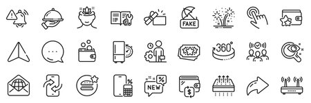 Wallet, Web mail and 360 degrees line icons pack. Share, Message, Paper plane icons. New, Breathable mattress, Phone calculator web icon. Vectorのイラスト素材