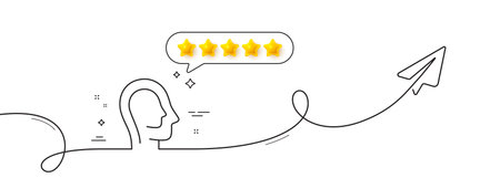 Psychology therapy line icon. Continuous line with share plane. Mental health sign. Brain care symbol. Five star rate review in speech bubble. Psychology single line ribbon. Loop curve pattern. Vectorのイラスト素材