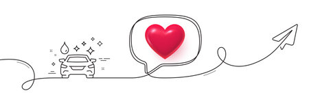 Car wash line icon. Continuous line with share plane. Clean auto sign. Shiny transport symbol. 3d heart in speech bubble. Car wash single line ribbon. Loop curve pattern. Vectorのイラスト素材