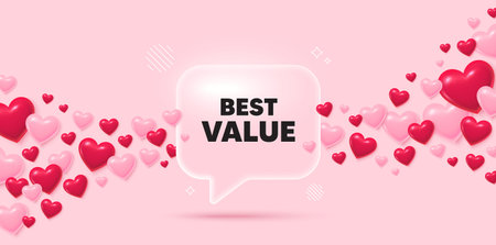 Best value glass speech bubble. 3d hearts pink background. Best value tag. Special offer Sale sign. Advertising Discounts symbol. Valentines day greeting card. Flying hearts. Vectorのイラスト素材