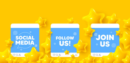 Follow us social media post. Join us template mockup. Follow us tag. Special offer sign. Super offer symbol. Like, comment and share icons. Vectorのイラスト素材
