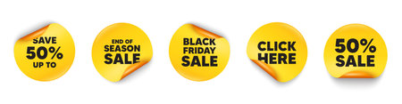 Discount sticker tag. 50 percent discount, Black friday paper price banners. Save up to 50 percent tag. Discount Sale offer price sign. Special offer symbol. Click here sticker. Vectorのイラスト素材